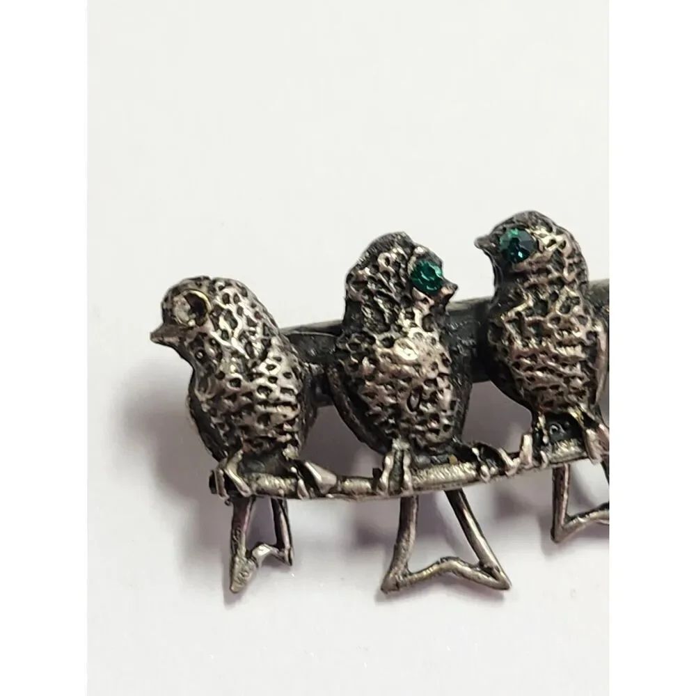 Vintage Sterling Silver Bird Brooch with Green Accent Eyes - Picture 3 of 5
